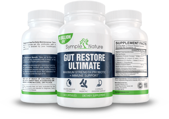 Gut Restore Ultimate probiotic bottles from Symple Nature showing front, supplement facts, and usage directions