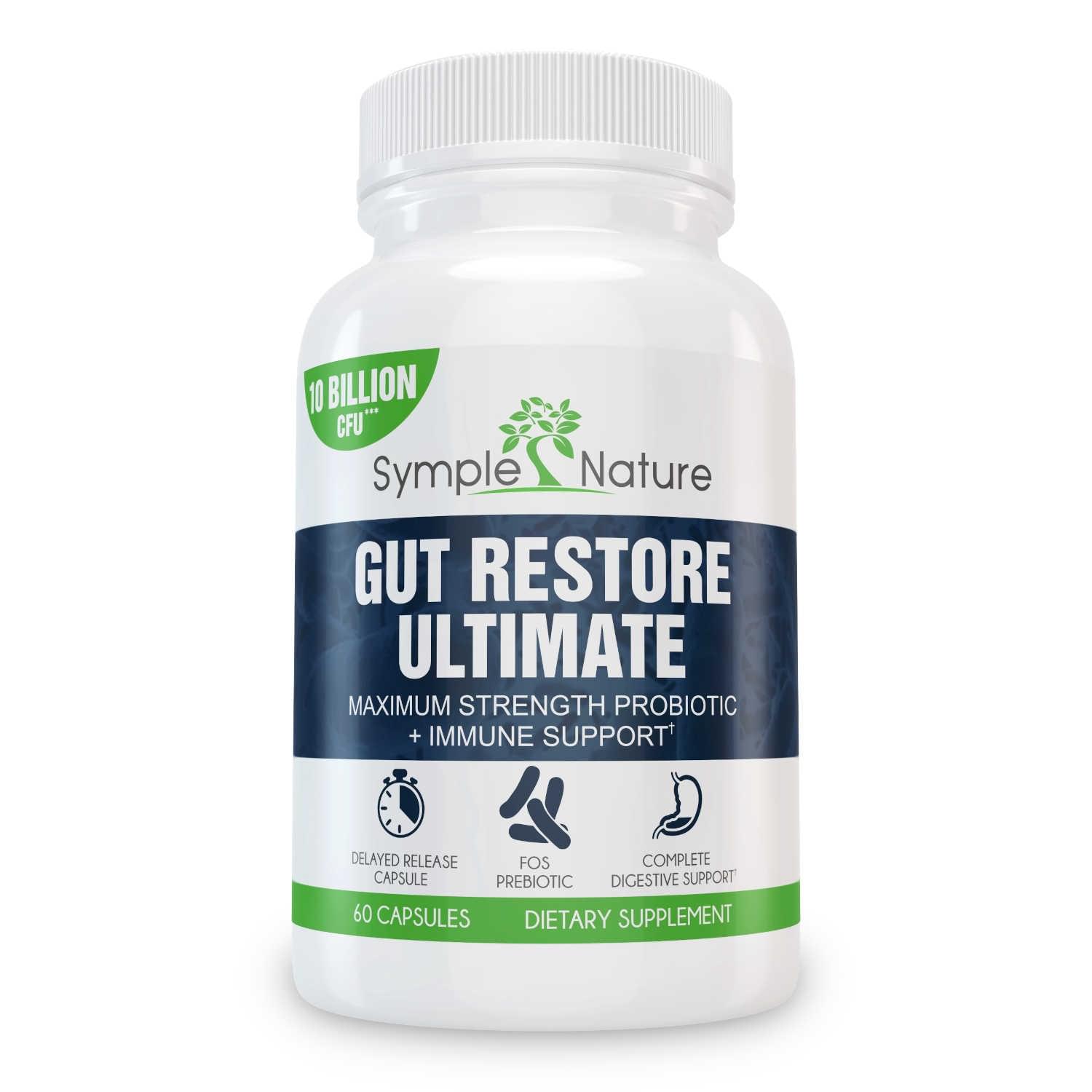 Gut Restore Ultimate™ probiotic supplement bottle by Symple Nature, featuring 10 probiotic strains, prebiotics, and immune support