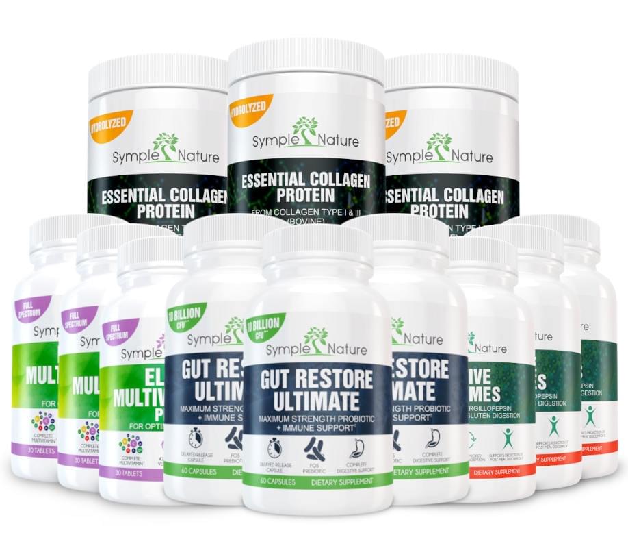 3-month Ultimate Gut Restore Total Pack with probiotic, digestive enzymes, collagen protein, and multivitamin — full-body gut health support kit from Symple Nature