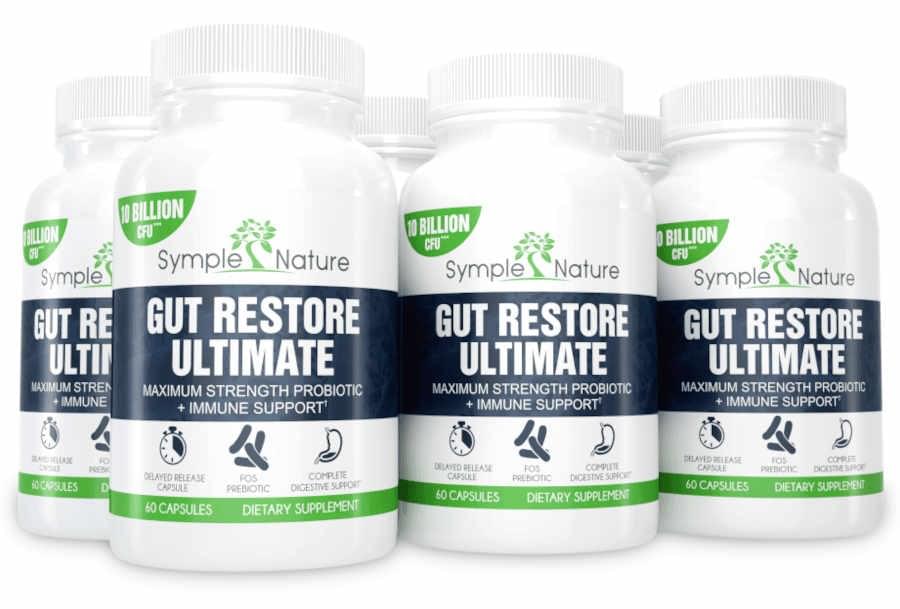 6-bottle pack of Symple Nature’s Gut Restore Ultimate probiotic for long-term digestive support and savings