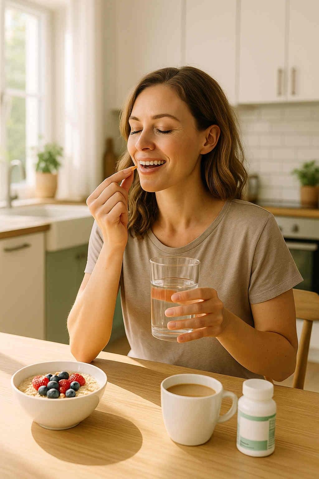 Woman taking a probiotic supplement with breakfast as part of a daily gut health routine