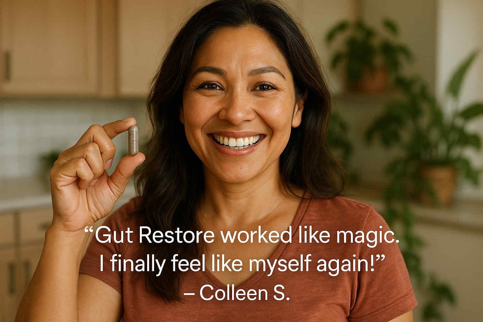 Happy customer holding Gut Restore Ultimate™ with testimonial quote about improved digestion