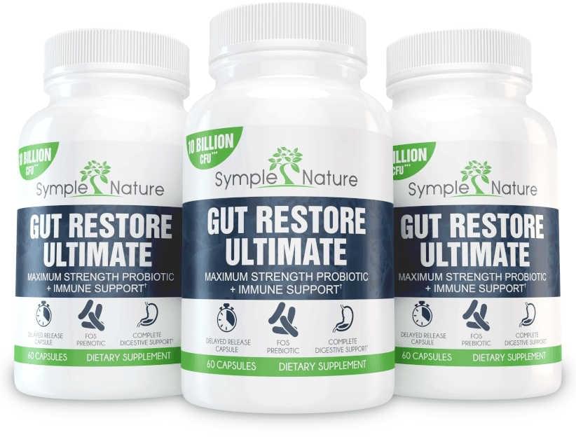 3 bottles of Gut Restore Ultimate probiotic from Symple Nature, 90-day supply for gut health and balance