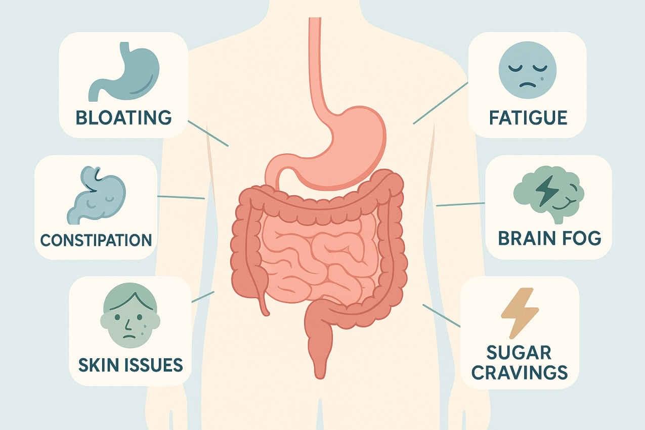 Infographic showing symptoms of gut imbalance including bloating, gas, fatigue, brain fog, and digestive issues